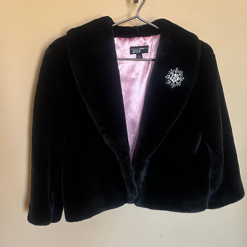 Black Rivet Black Faux Fur Cropped Jacket with Pink Lining and Crystal Brooch